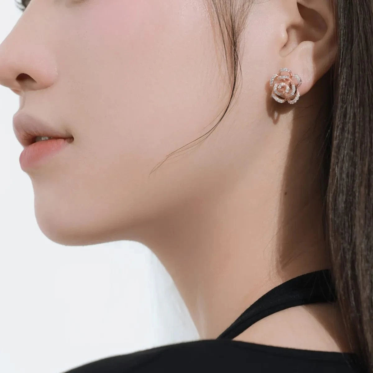 Dylam Dropshipping S925 Silver Rose Flower Earring 18K Gold Plated Jewelry Cubic Zirconia Stud Earrings Women Party Or Wedding
