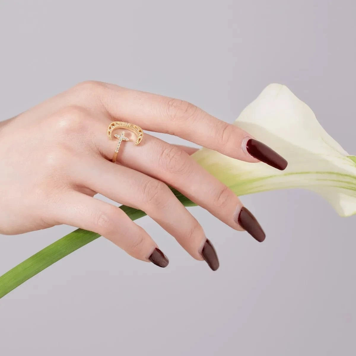 Dylam Factory 925 Silver Ring Cz Zircon Light Luxury Elegant Hollow Moon Star Design 18K Gold Open Adjustable Rings For Women