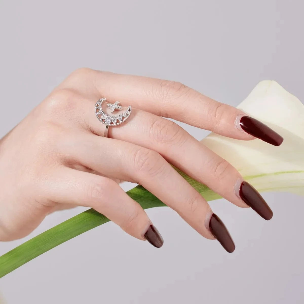 Dylam Factory 925 Silver Ring Cz Zircon Light Luxury Elegant Hollow Moon Star Design 18K Gold Open Adjustable Rings For Women