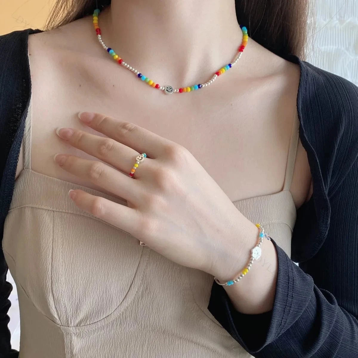 Dylam Fashion Fine Jewelry Women 925 Sterling Silver In Stock No Moq  Daisy Natural Stones Beaded Smiley Face Bracelet Necklace