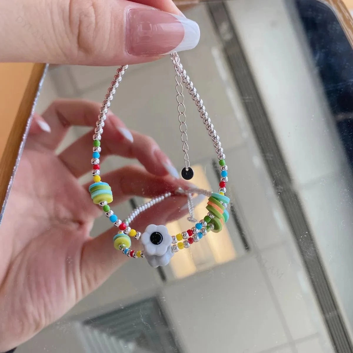 Dylam Fashion Fine Jewelry Women 925 Sterling Silver In Stock No Moq  Daisy Natural Stones Beaded Smiley Face Bracelet Necklace