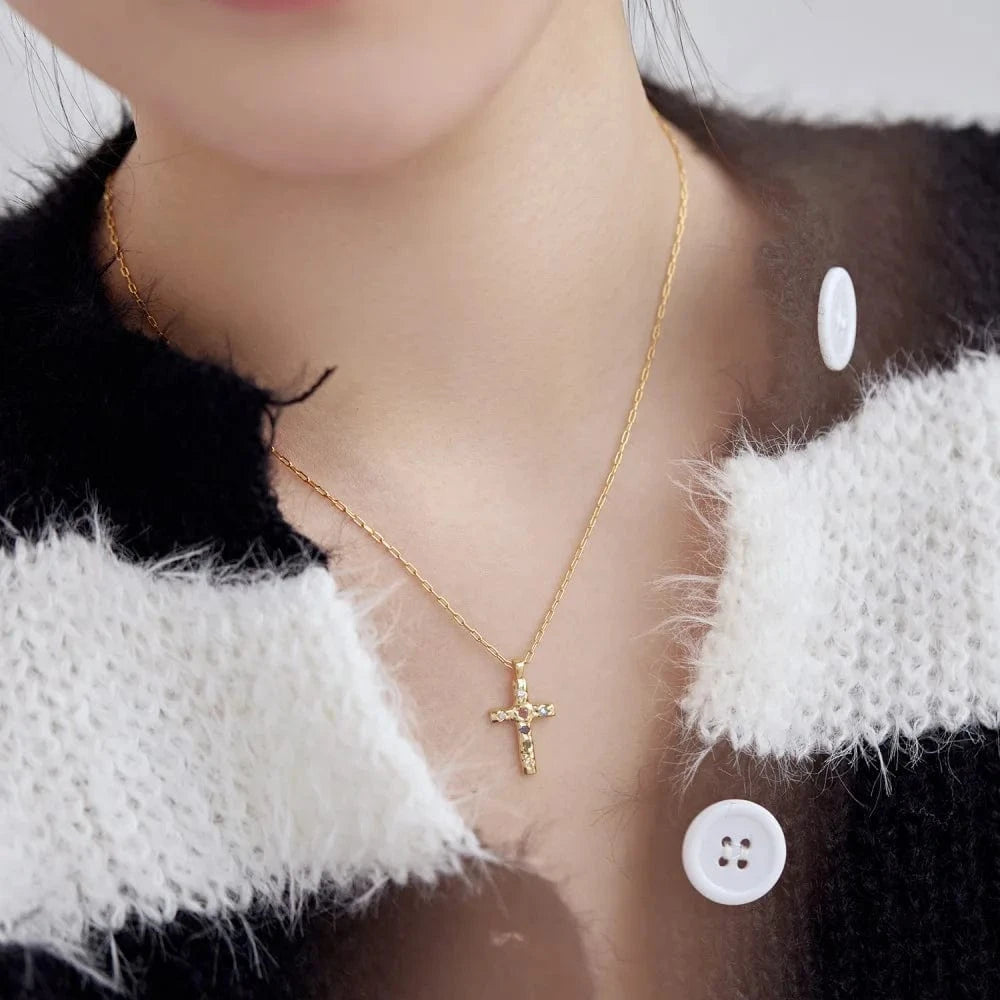 Dylam Fine Jewelry Women 925 Sterling Silver 18K Gold Religious Irregular 5A Diamond Zirconia Texture Cross Pendant Necklace