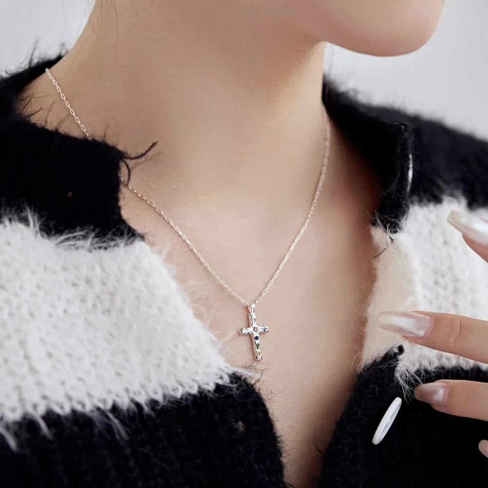 Dylam Fine Jewelry Women 925 Sterling Silver 18K Gold Religious Irregular 5A Diamond Zirconia Texture Cross Pendant Necklace