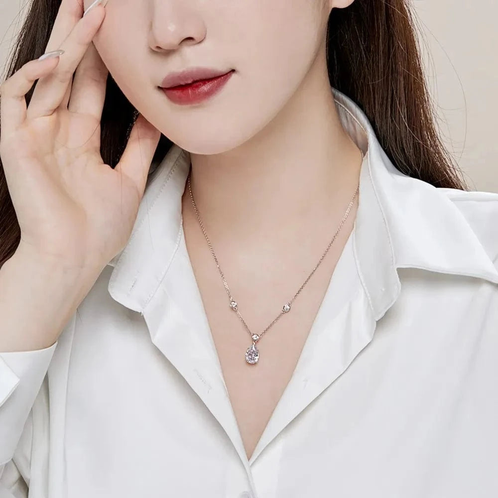 Dylam Fine Wedding Party Bridal Jewelry 925 Sterling Silver Diamond Tear Pear Shape Pink Clear 8A Zirconia Pendant Necklace