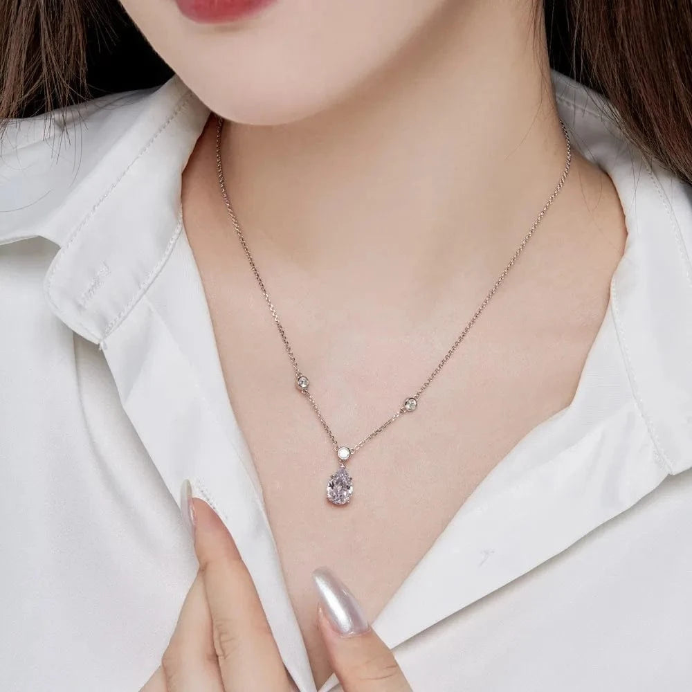 Dylam Fine Wedding Party Bridal Jewelry 925 Sterling Silver Diamond Tear Pear Shape Pink Clear 8A Zirconia Pendant Necklace