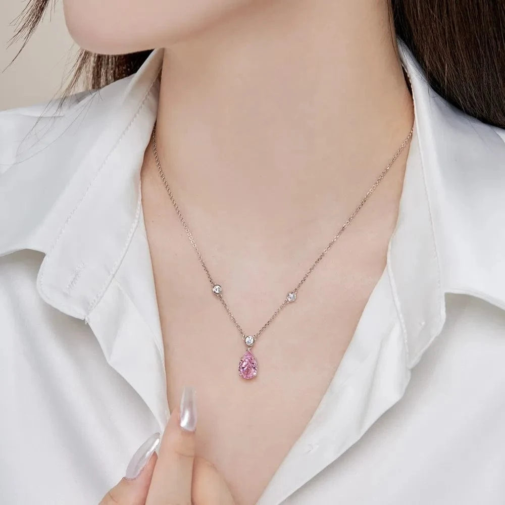 Dylam Fine Wedding Party Bridal Jewelry 925 Sterling Silver Diamond Tear Pear Shape Pink Clear 8A Zirconia Pendant Necklace