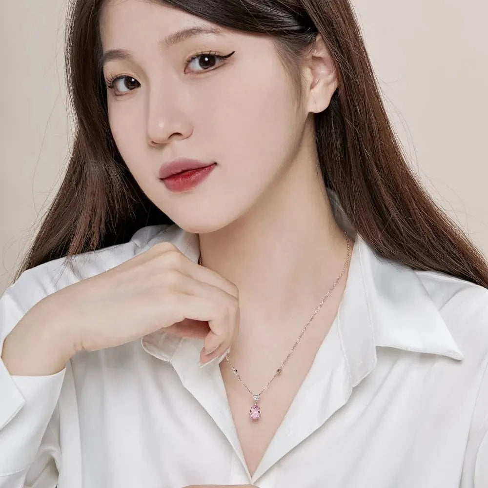 Dylam Fine Wedding Party Bridal Jewelry 925 Sterling Silver Diamond Tear Pear Shape Pink Clear 8A Zirconia Pendant Necklace