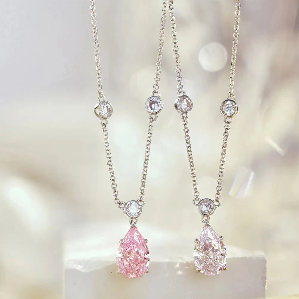 Dylam Fine Wedding Party Bridal Jewelry 925 Sterling Silver Diamond Tear Pear Shape Pink Clear 8A Zirconia Pendant Necklace