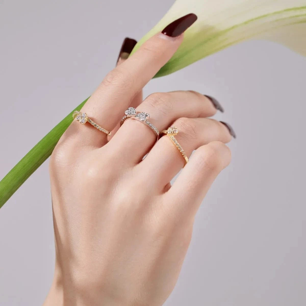 Dylam High Quality 18K Gold Stackable Ring 925 Sterling Silver Love Lucky Four Leaf Clover Heart Detachable Set Rings For Women