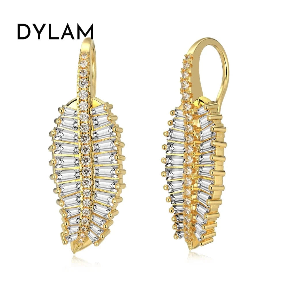 Dylam High Quality Vintage Rectangle Cz Cubic Zirconia Hoop Earring Paved Sparking Bling Leaf Leaves Earrings Jewelry Women