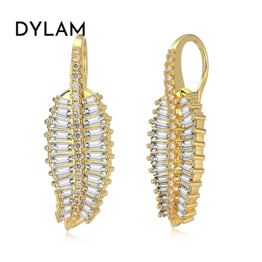 Dylam High Quality Vintage Rectangle Cz Cubic Zirconia Hoop Earring Paved Sparking Bling Leaf Leaves Earrings Jewelry Women