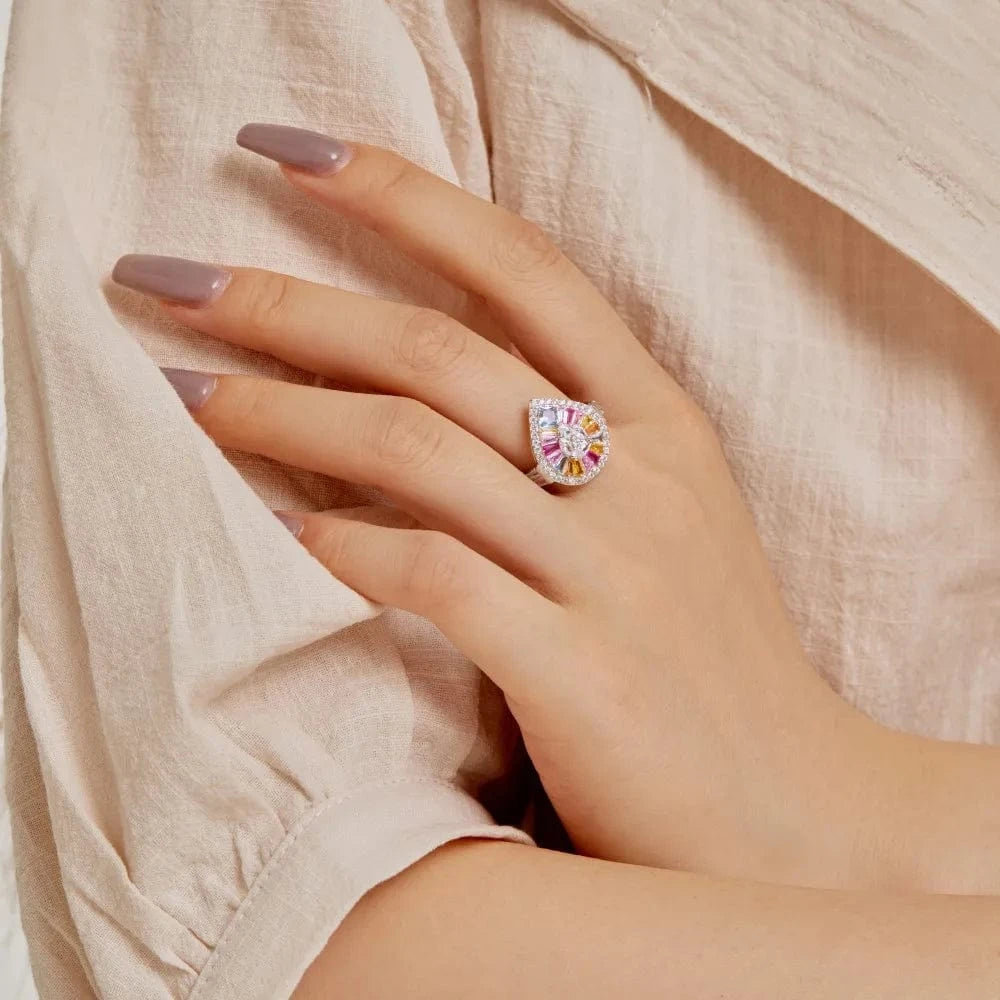 Dylam High Quality Wholesale Custom 925 Sterling Silver Rhodium Plated Teardrop Shape 5A Baguette Marquise Zirconia Jewelry Ring