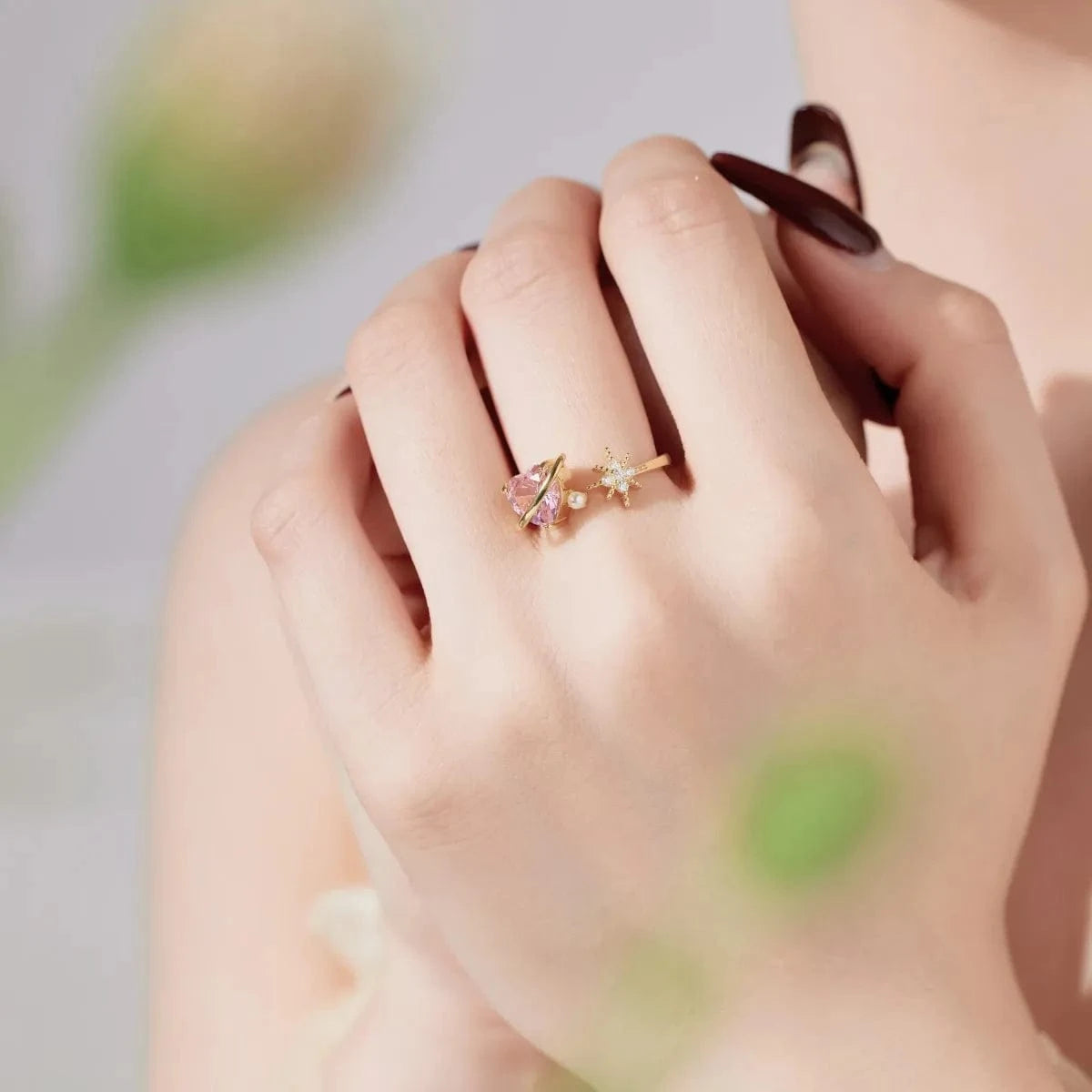 Dylam Hot Sale 925 Silver Pink Cz Zircon Heart Shaped Ring Shell Pearl 18K Gold Plated Irregular Open Adjustable Rings For Women