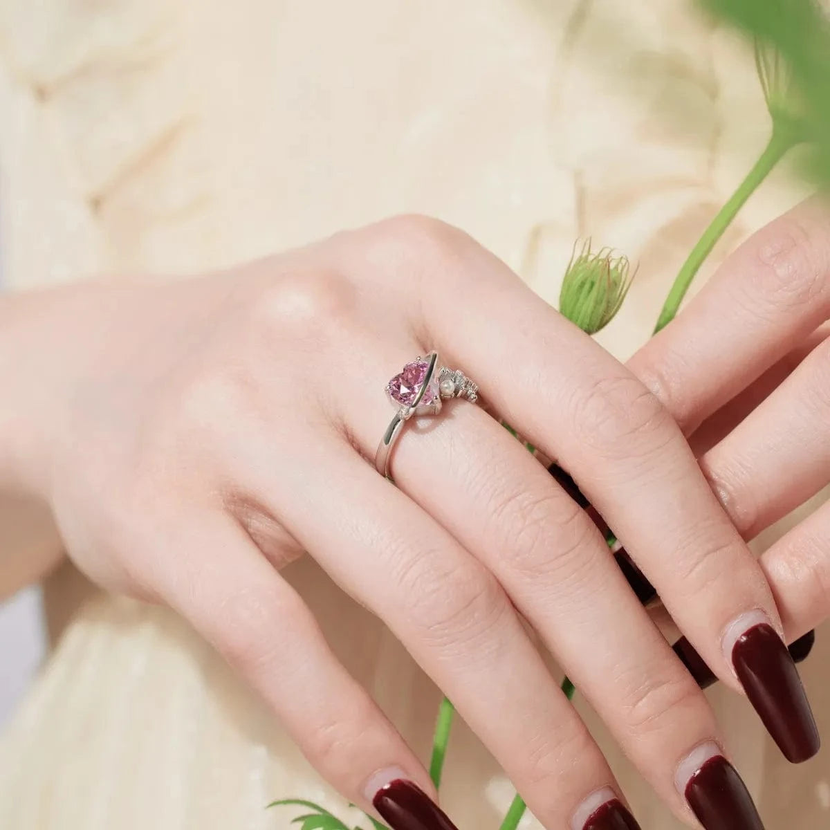 Dylam Hot Sale 925 Silver Pink Cz Zircon Heart Shaped Ring Shell Pearl 18K Gold Plated Irregular Open Adjustable Rings For Women