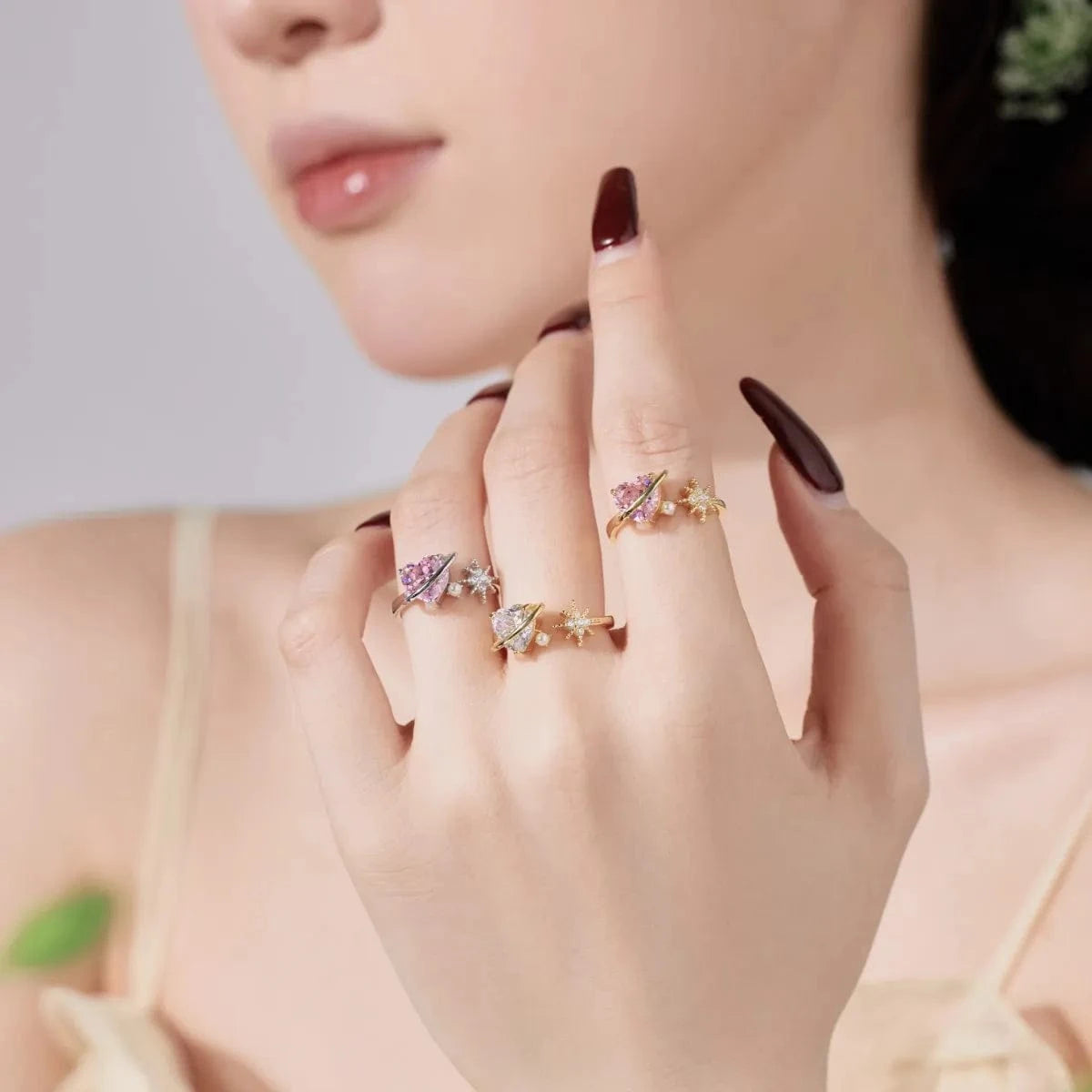 Dylam Hot Sale 925 Silver Pink Cz Zircon Heart Shaped Ring Shell Pearl 18K Gold Plated Irregular Open Adjustable Rings For Women