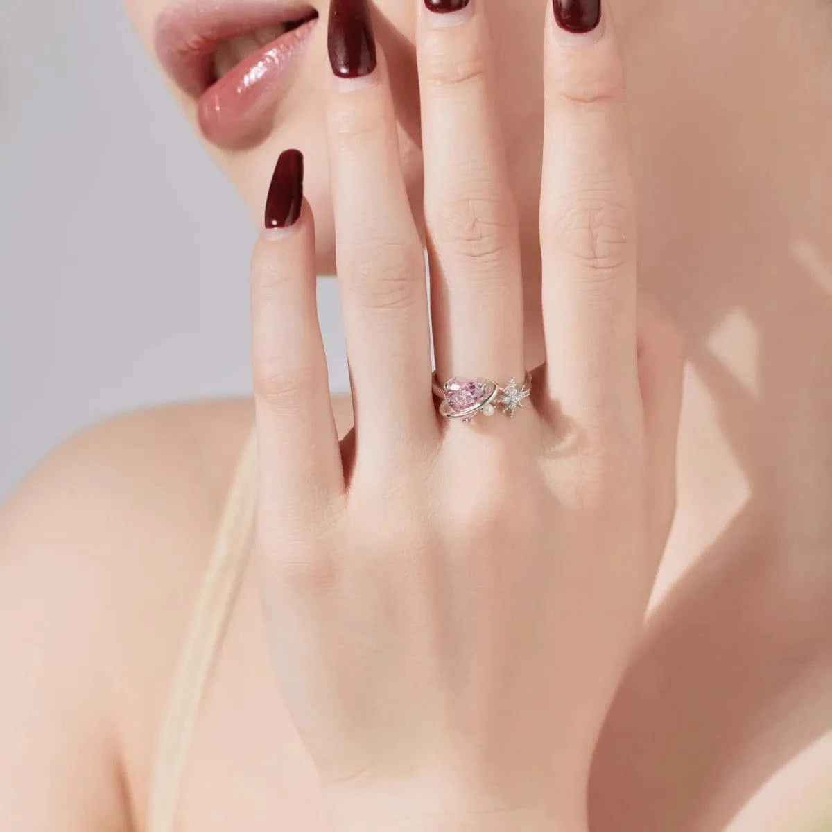 Dylam Hot Sale 925 Silver Pink Cz Zircon Heart Shaped Ring Shell Pearl 18K Gold Plated Irregular Open Adjustable Rings For Women