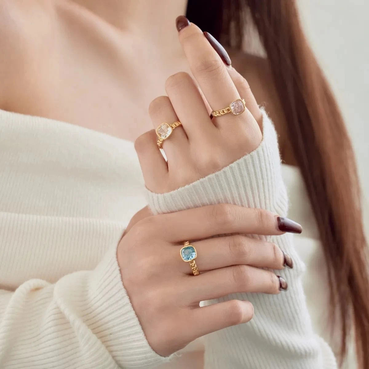 Dylam Hypoallergenic 18K Gold Plated S925 Sterling Silver Non Tarnish Pink Blue Ring Cz Cubic Zirconia Stone Rings Jewelry Women