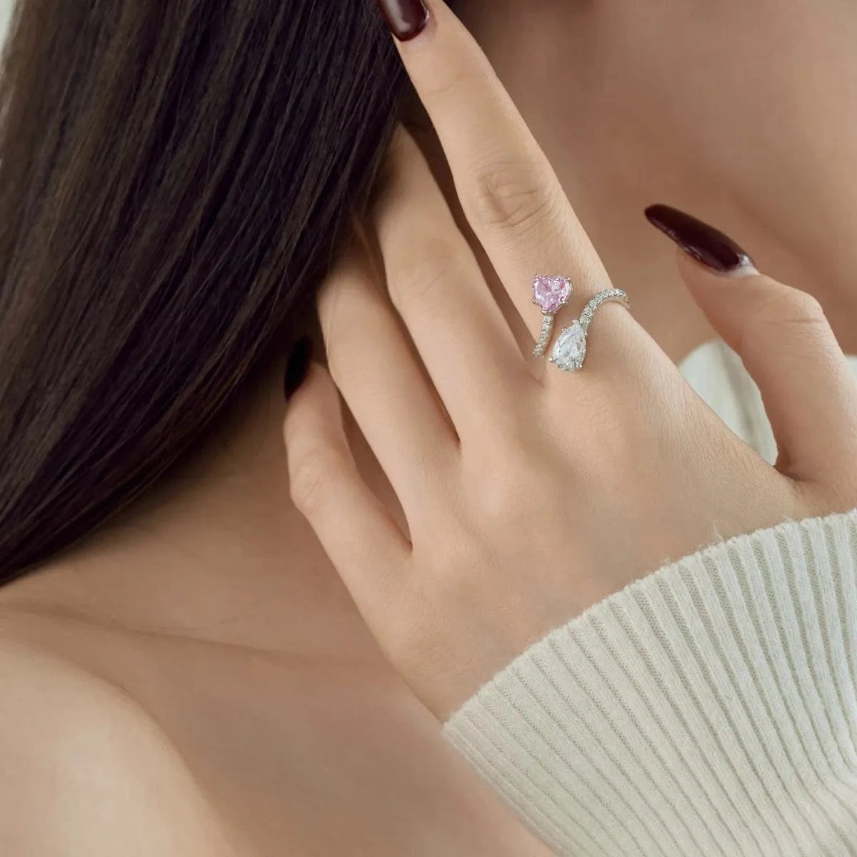 Dylam Iced Out S925 Sterling Silver Two Stone Open Adjustable Ring Cz Cubic Zirconia Yellow Pink Heart Rings Jewelry Women