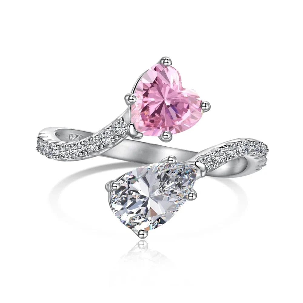 Dylam Iced Out S925 Sterling Silver Two Stone Open Adjustable Ring Cz Cubic Zirconia Yellow Pink Heart Rings Jewelry Women