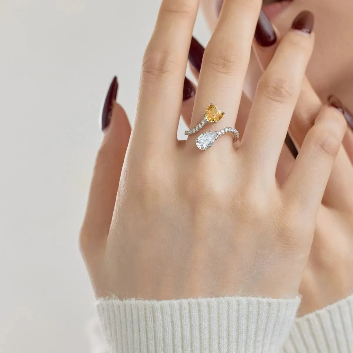 Dylam Iced Out S925 Sterling Silver Two Stone Open Adjustable Ring Cz Cubic Zirconia Yellow Pink Heart Rings Jewelry Women