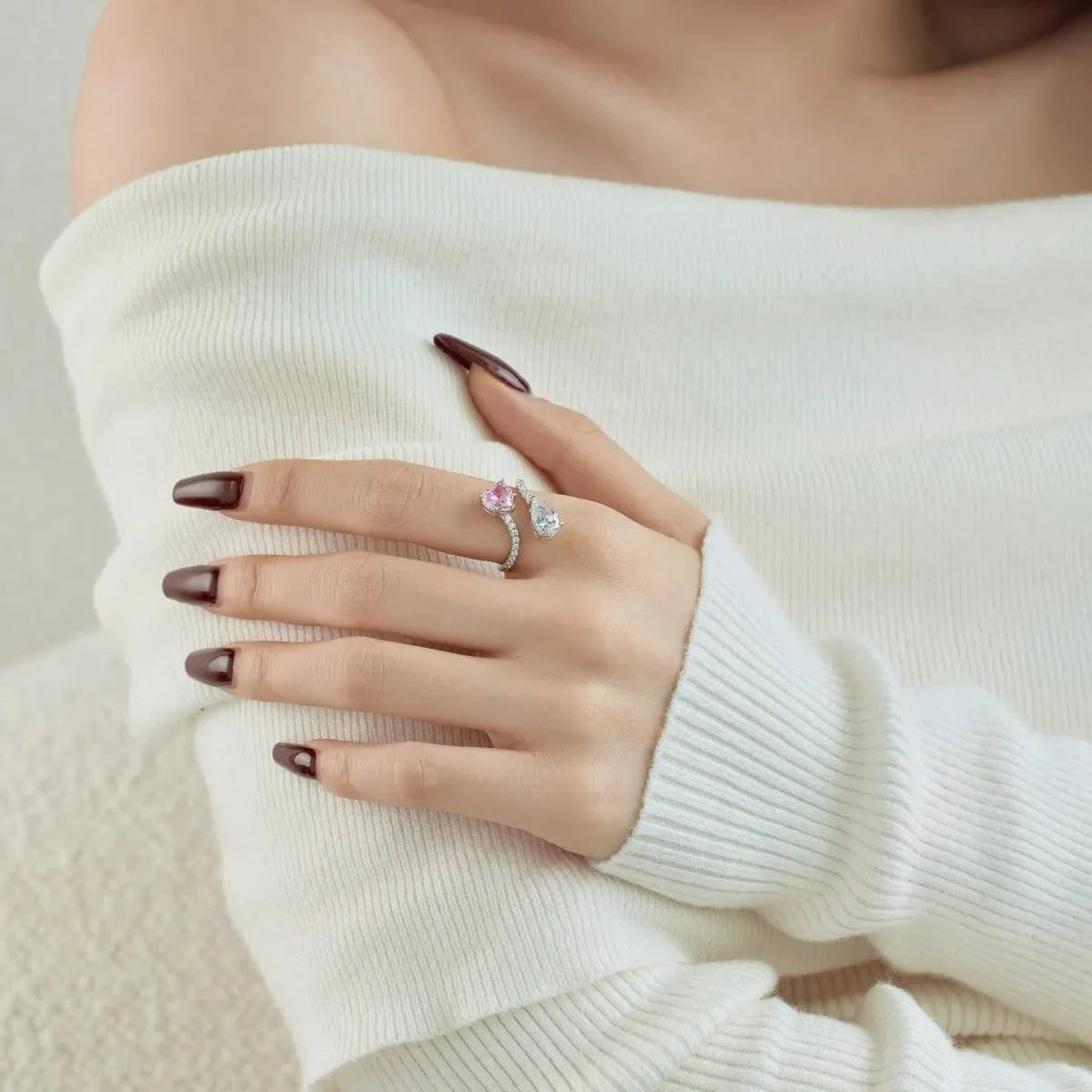 Dylam Iced Out S925 Sterling Silver Two Stone Open Adjustable Ring Cz Cubic Zirconia Yellow Pink Heart Rings Jewelry Women