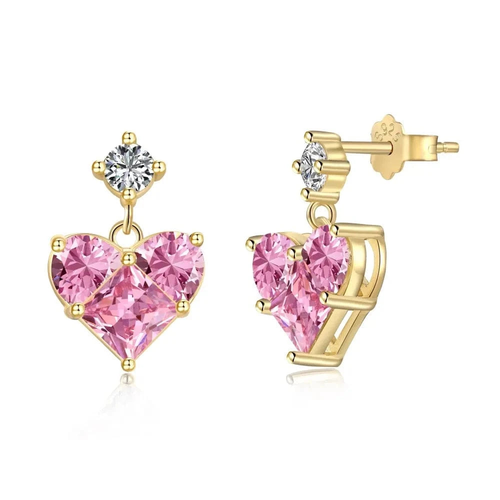 Dylam Korean Style 18K Gold Pink Cz Cubic Zirconia Diamond Drop Earring S925 Silver Cute Pink Heart Stud Earrings Women Girls