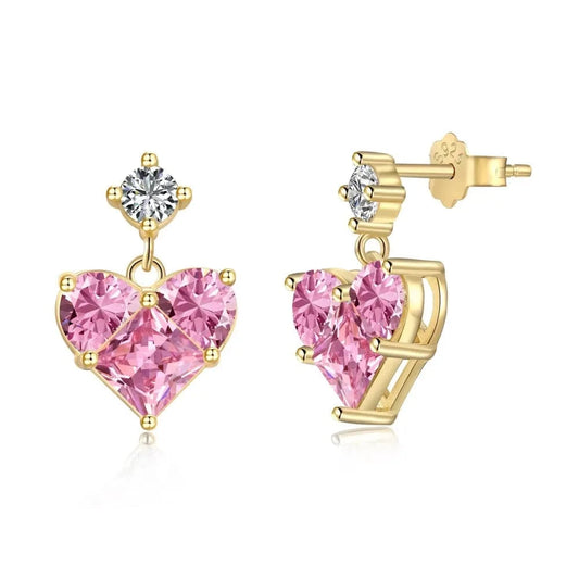 Dylam Korean Style 18K Gold Pink Cz Cubic Zirconia Diamond Drop Earring S925 Silver Cute Pink Heart Stud Earrings Women Girls