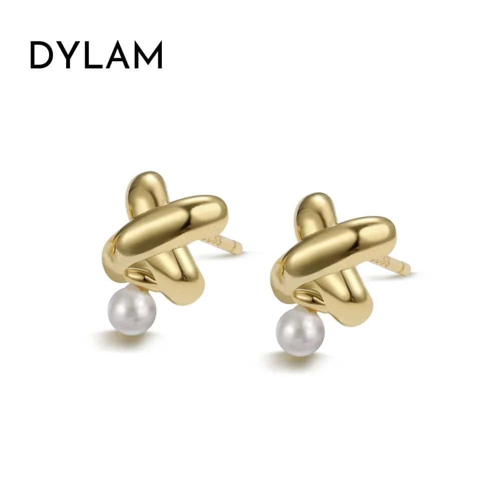 Dylam Latest Jewelry S925 Sterling Silver Cross Shell Pearl Stud Earring 18K Gold Plated Cross Earrings Women Girl