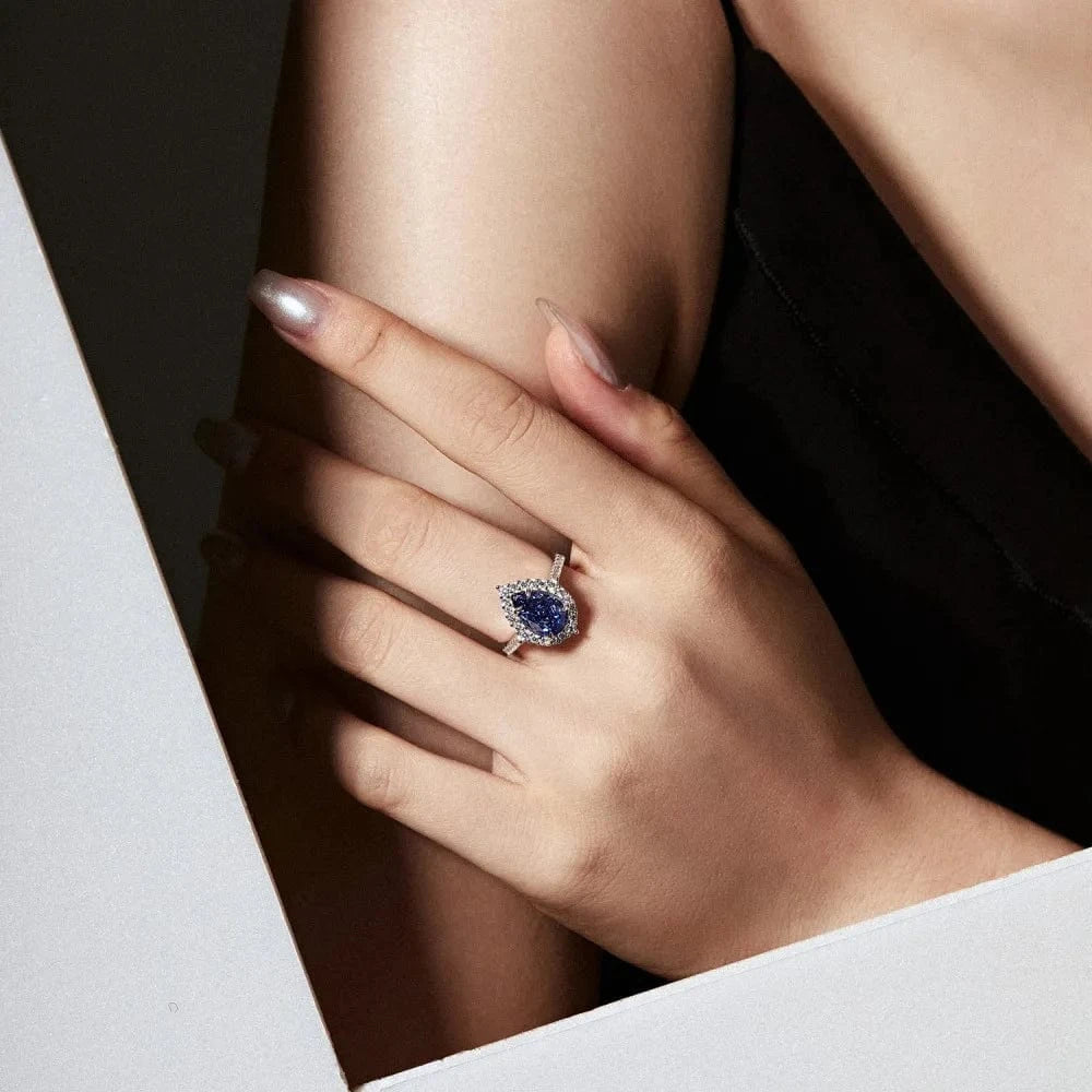 Dylam Luxurious 2 Carat Halo Style High Carbon Diamond Engagement Ring Pear Cut Shape 925 Sterling Silver 8A Cubic Zirconia