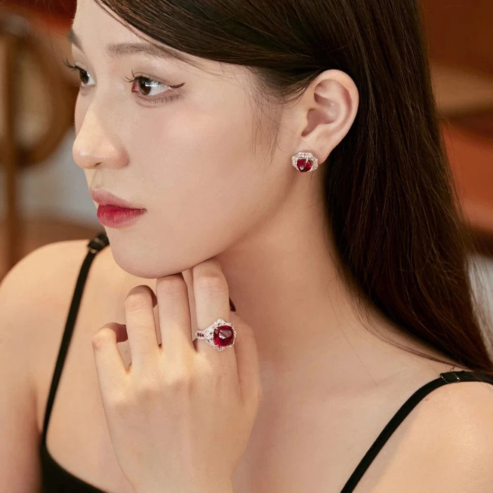 Dylam Luxurious Women S925 Silver Rhodium Plated Gemstone Diamond Ruby Sugar-loaf Cut 5A Zirconia Dress Up Daily Wear Rings