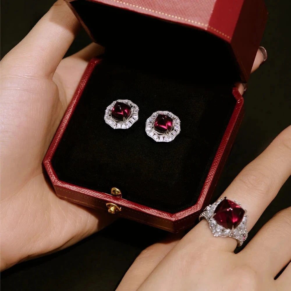 Dylam Luxurious Women S925 Silver Rhodium Plated Gemstone Diamond Ruby Sugar-loaf Cut 5A Zirconia Dress Up Daily Wear Rings