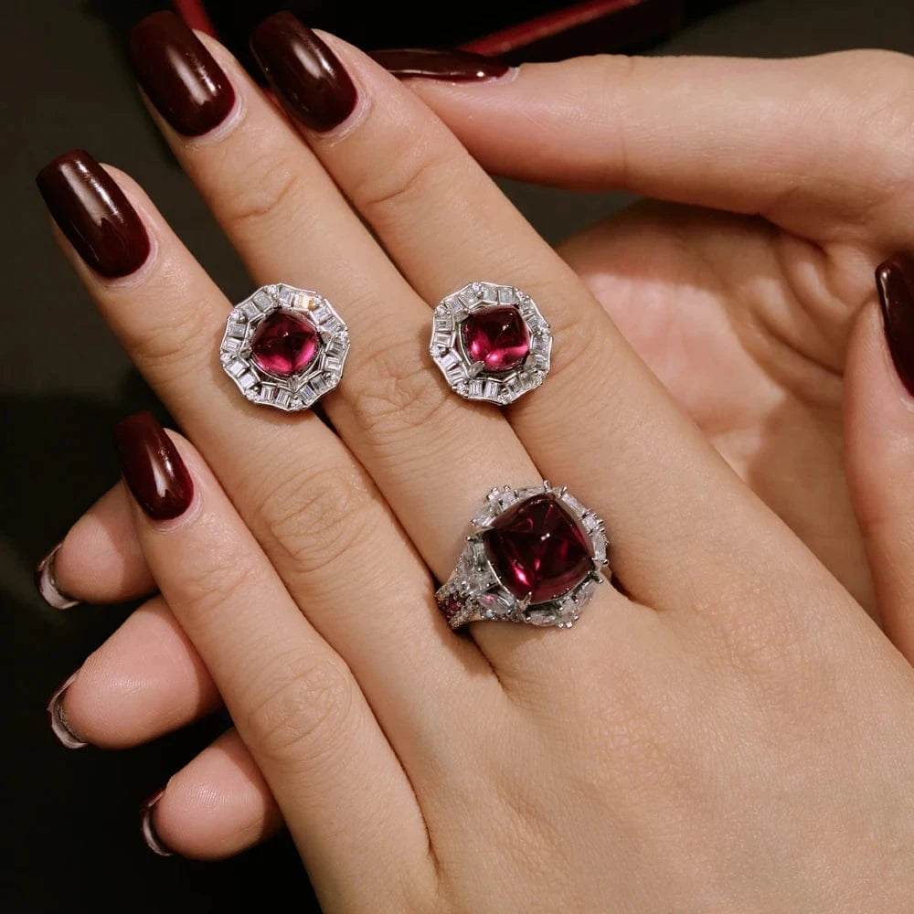 Dylam Luxurious Women S925 Silver Rhodium Plated Gemstone Diamond Ruby Sugar-loaf Cut 5A Zirconia Dress Up Daily Wear Rings