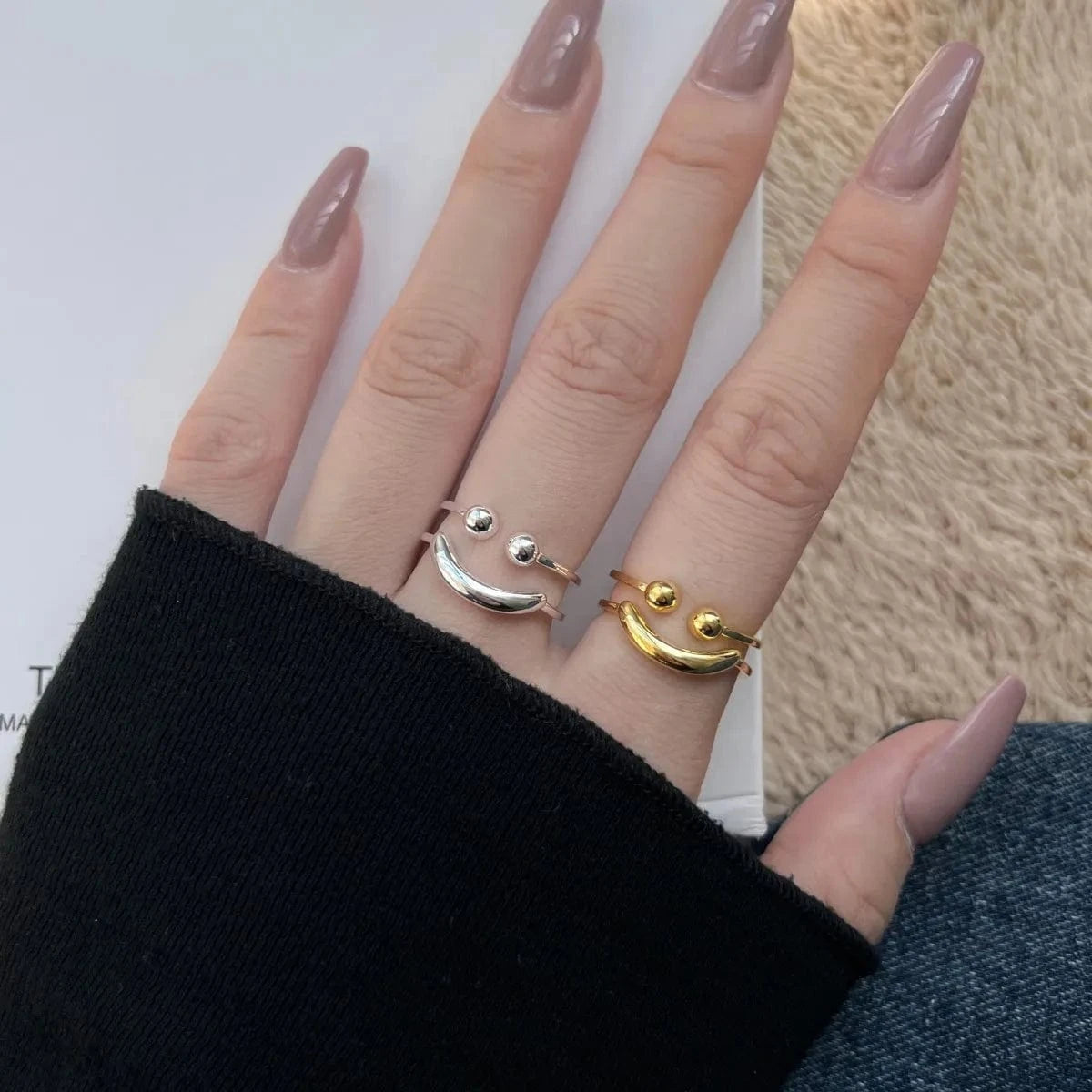 Dylam Minimalist Smiling Face S925 Sterling Silver Ring Adjustable Open Statement 18K Gold Plated Jewelry Rings For Women