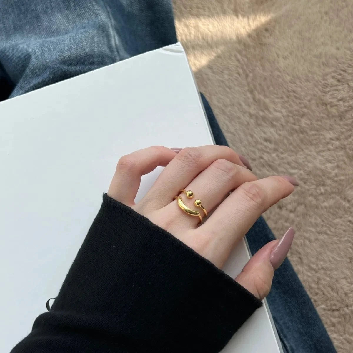 Dylam Minimalist Smiling Face S925 Sterling Silver Ring Adjustable Open Statement 18K Gold Plated Jewelry Rings For Women