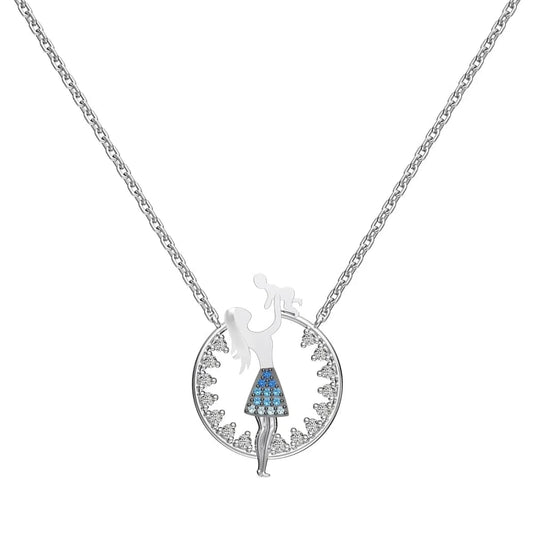 Dylam Mother's Day Gifts Fine Jewelry S925 Silver Link Chain Mother Mom and Child 5A Cubic Zirconia Circle Pendant Necklaces