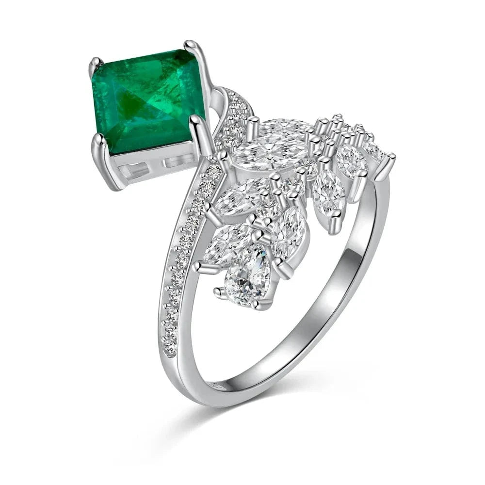 Dylam New Arrival Ice Flower Cut S925 Silver Emerald Green Diamond Ring Creative Design Cz Cubic Zirconia Leaf Marquise Rings