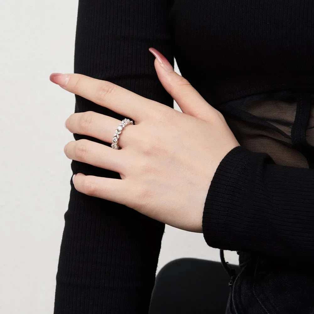 Dylam New Arrival In Stock S925 Silver Rhodium Plated Flower Shape Diamond 5A Zirconia Full Eternity Marquise Wedding Rings