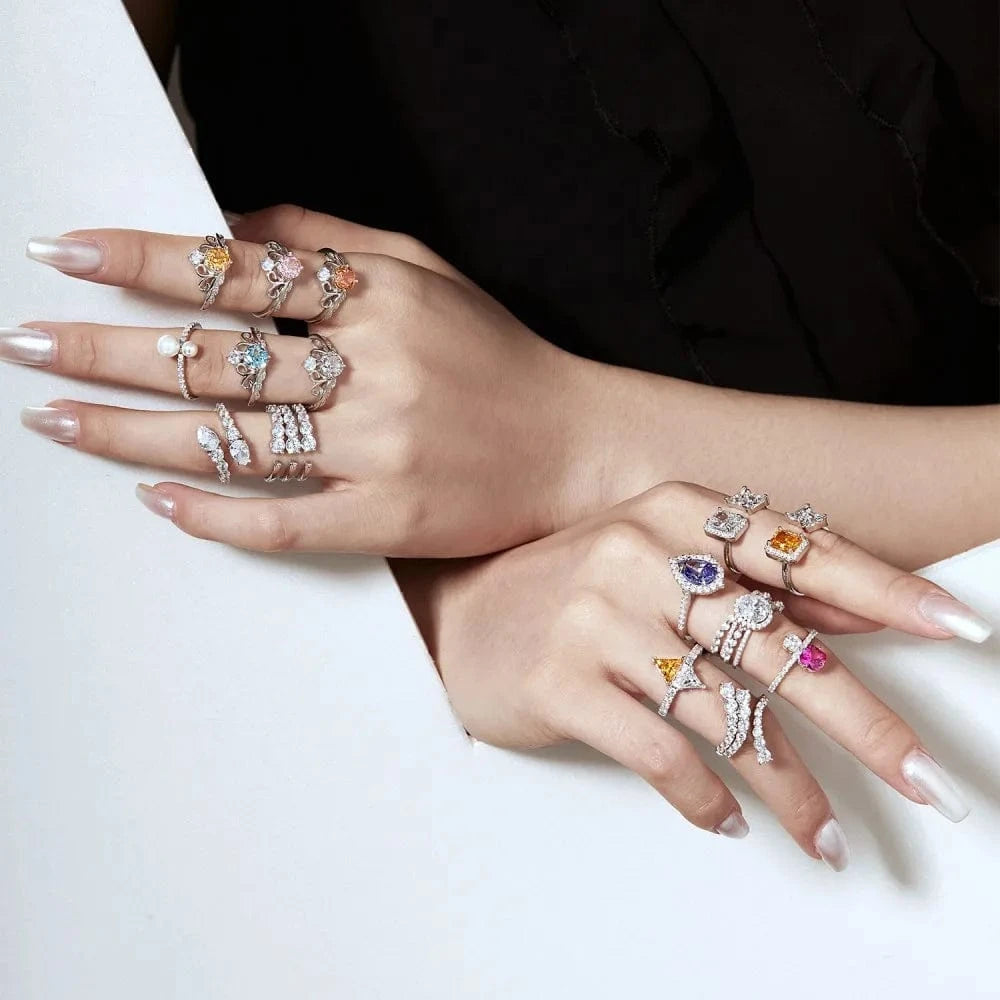 Dylam New Arrival S925 Silver Rhodium Plated Diamond Triangle Shape Clear Yellow Zirconia Eternity Engagement Promise Ring