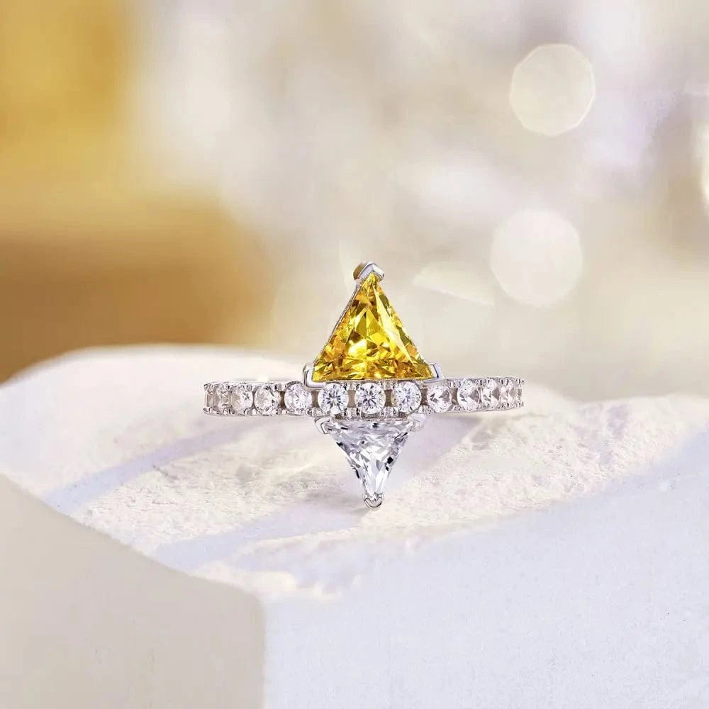 Dylam New Arrival S925 Silver Rhodium Plated Diamond Triangle Shape Clear Yellow Zirconia Eternity Engagement Promise Ring