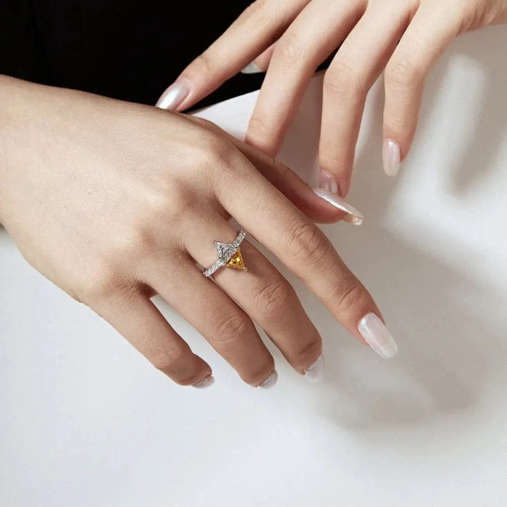 Dylam New Arrival S925 Silver Rhodium Plated Diamond Triangle Shape Clear Yellow Zirconia Eternity Engagement Promise Ring