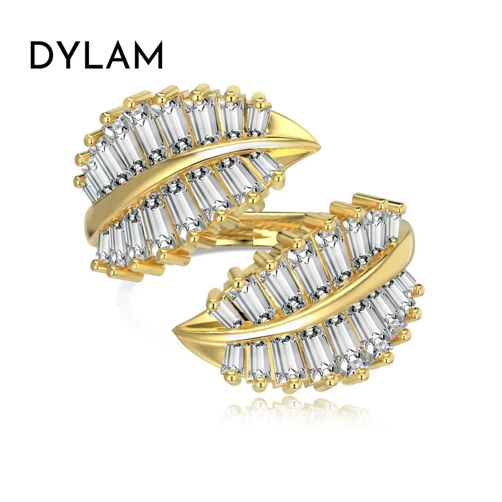 Dylam New Arrivals Baguette Classic Wedding 18K Gold Plated Leaf Ring S925 Silver 5A CZ Rings For Women Earrings Jewelry Set