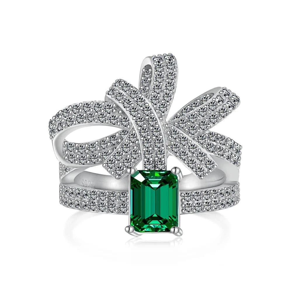 Dylam New Design Fashion Fine Jewelry 925 Sterling Silver Rhodium Plated Women Emerald 5A Cubic Zirconia Bow Knot Rings