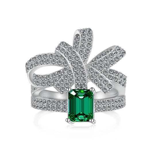 Dylam New Design Fashion Fine Jewelry 925 Sterling Silver Rhodium Plated Women Emerald 5A Cubic Zirconia Bow Knot Rings