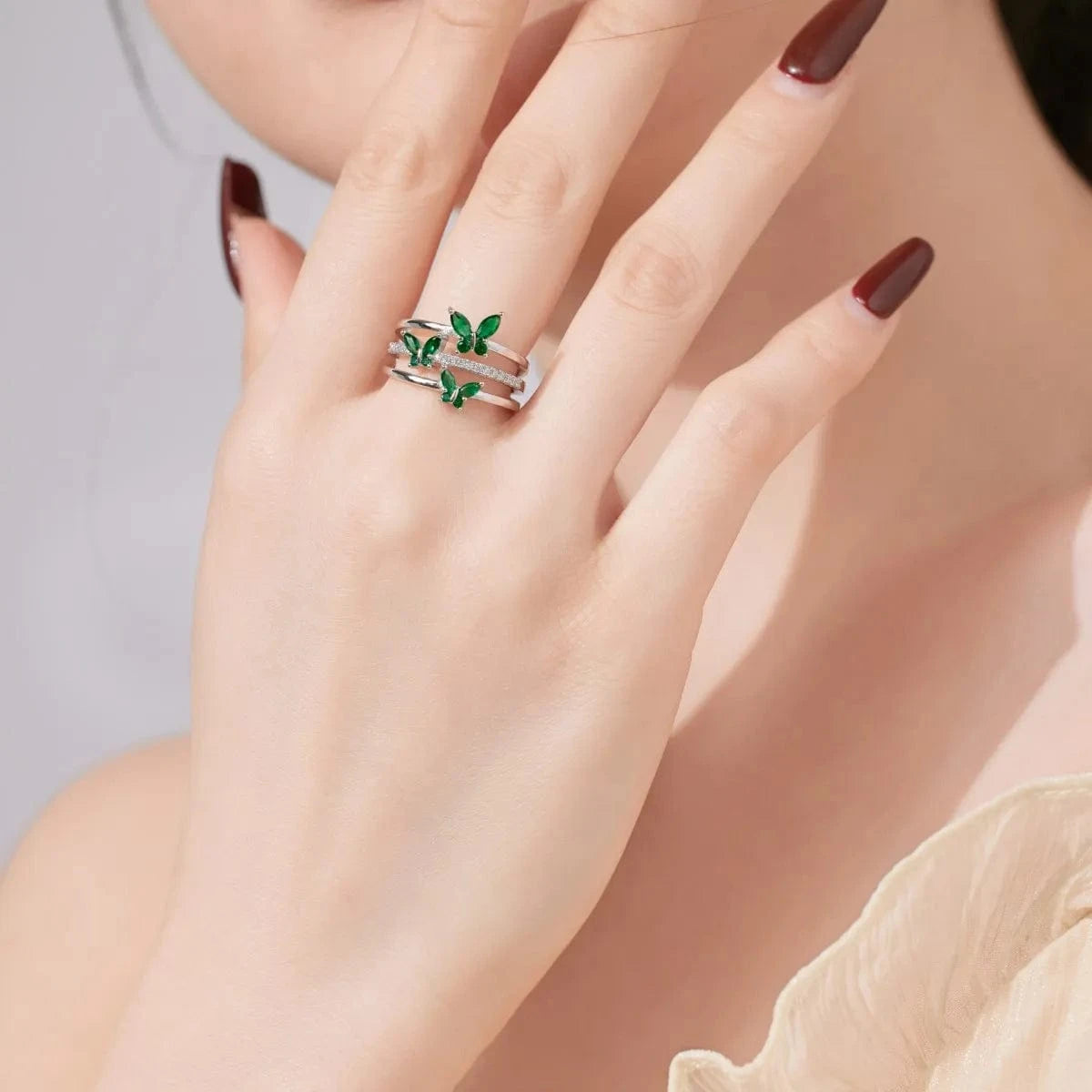 Dylam New Design Minimalist Geometric 18K Gold Plated Butterfly Ring Light Luxury Jewelry Cz Blue Emerald Rings For Women
