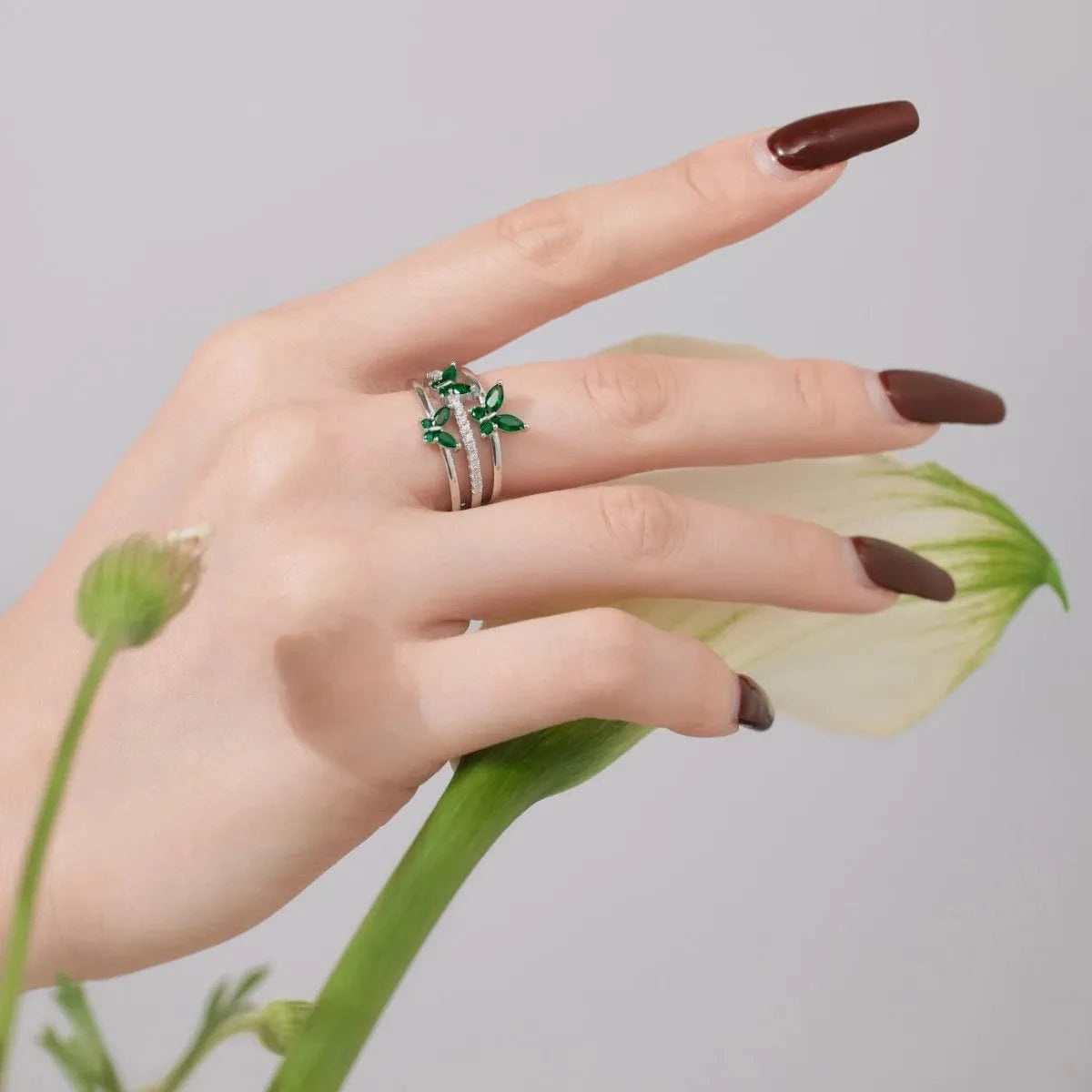 Dylam New Design Minimalist Geometric 18K Gold Plated Butterfly Ring Light Luxury Jewelry Cz Blue Emerald Rings For Women