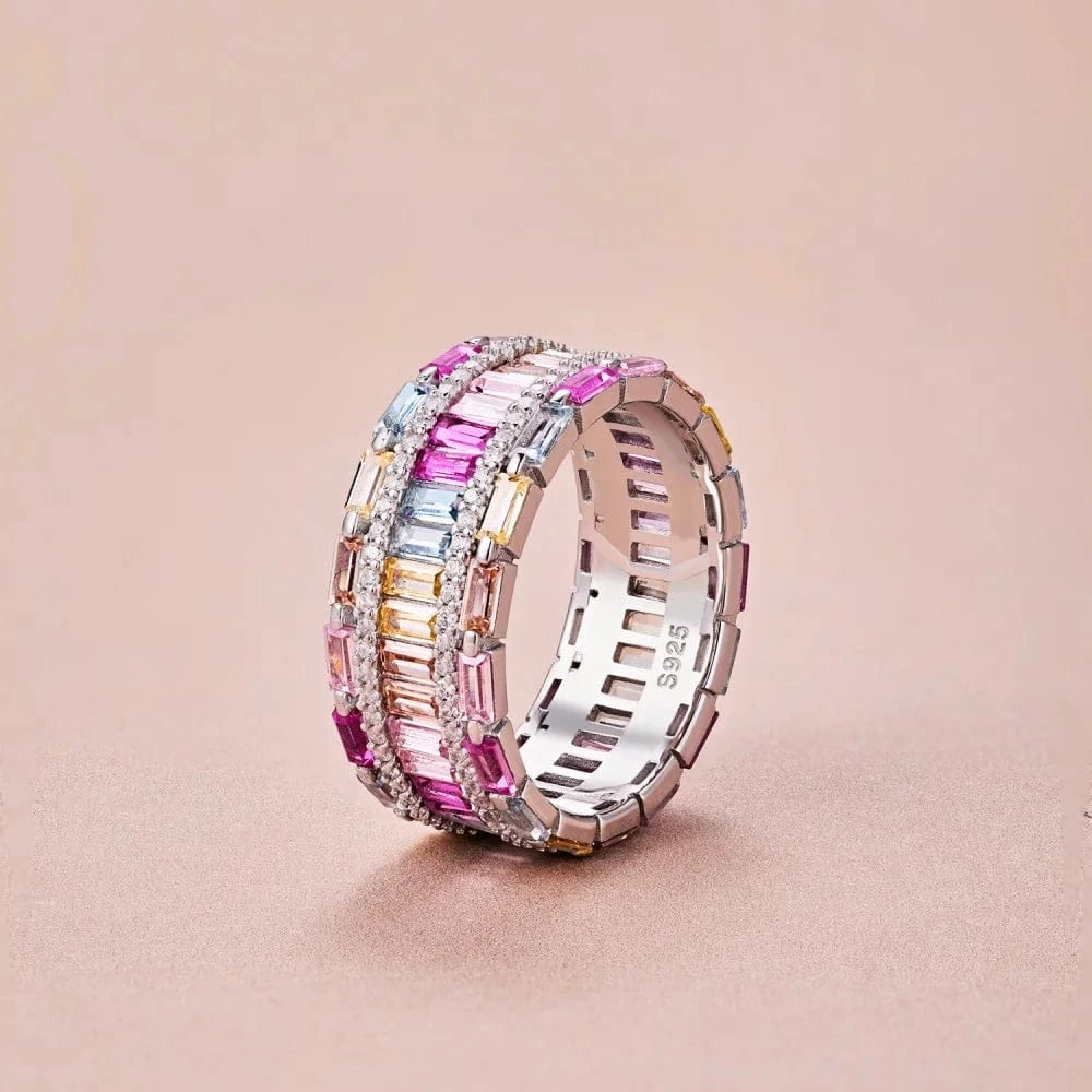 Dylam No Moq Dainty 925 Sterling Silver Rhodium Plated Fine Fashion Women Jewelry Wide Baguette Eternity Band Zirconia Rings