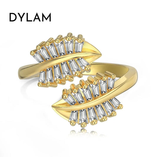 Dylam Oem Odm Sparkling S925 Sterling Silver Jewelry 18K Gold Plated 5A Cz Cubic Zircon Ring Eternity Leaf Rings For Women