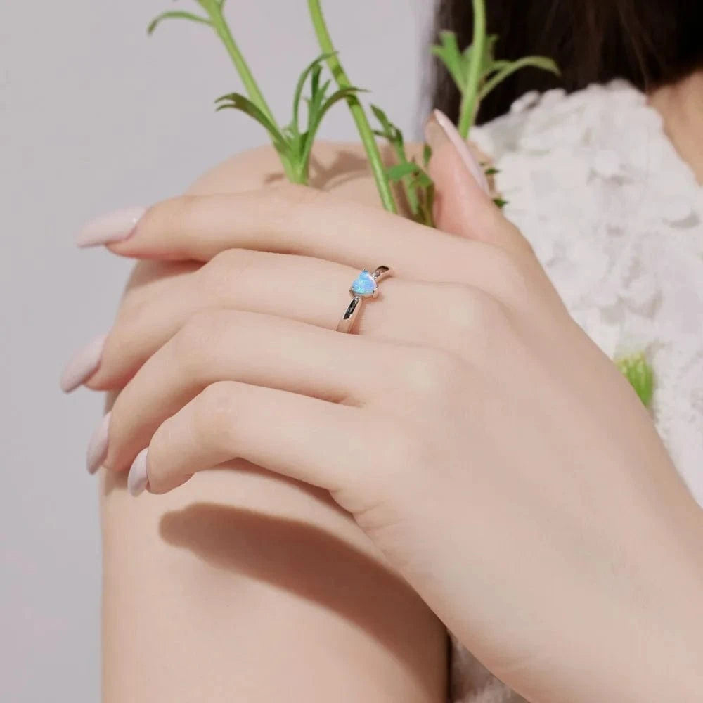 Dylam Personalized Fine Jewelry Women Hypoallergenic 925 Sterling Silver Rhodium Plated Heart Shape Synthetic Opal Stone Rings