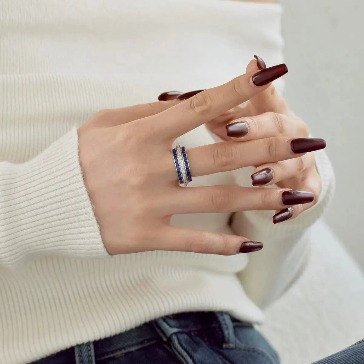 Dylam S925 Sterling Silver Cubic Zirconia Ruby Pink Emerald Ring Rotating Stress Relief Anxiety Spinner Rings Jewelry Women Men