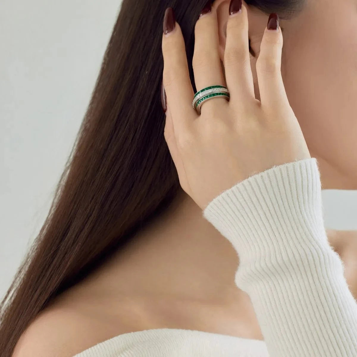 Dylam S925 Sterling Silver Cubic Zirconia Ruby Pink Emerald Ring Rotating Stress Relief Anxiety Spinner Rings Jewelry Women Men